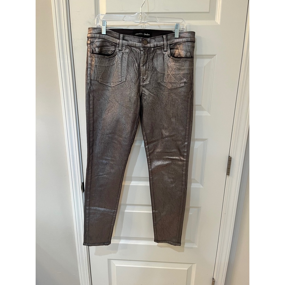 J Brand Neiman Marcus Super Skinny Mid Rise Chrome Crinkle Metallic Jeans 32